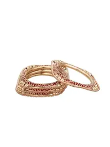 Rose Gold-Plated CZ Stone-Studded Handcrafted Square Shape Bangle Set of 4(Size-2.6)