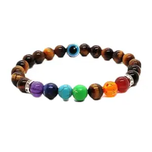 Shircreations Handmade 7 chakra Tiger Eye Healing Crystal Bracelet With Evil Eye Charm – 8mm Natural Stone Beads for Protection, Courage, and Grounding – Strechable Bracelet for Men and Women