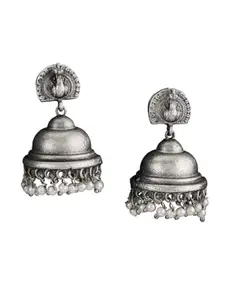 Atibelle german Silver Plated & Peacock - dome shaped white beaded jhumkas