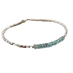 RRJEWELZ Natural Apatite 3mm Rondelle Shape Faceted Cut Gemstone Beads 7 Inch Silver Plated Clasp Bracelet With Karren Hill Tribe Beads For Men, Women. Natural Gemstone Link Bracelet. | Lcbr_00565