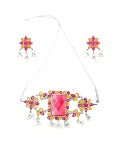 Red and Yellow Choker Necklace for Women – Traditional Design with Bold Rectangular Stone Accent