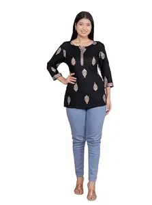 Sanskriti The Antique Women's Cotton Printed 3/4th Sleeves Short Straight Kurti Perfect for Casual, Formal, and Ethnic Wear (Black-M)