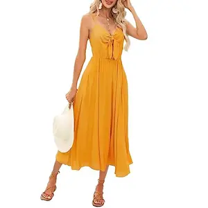 Istyle Can Mustard Color Strappy A-Line Dress for Women Sling V-Neck Dress Below The Knee Length Midi Dress for Women | Dresses for Women Long Dresses for Women (Small, Mustard)