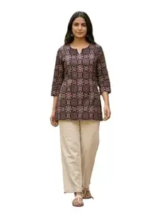 JIVAS COLLECTIVES Women’s Pure Katha Cotton & Cotton Floral Print Kurti | Short Tunic Top for Women | Round V-Neck 3/4 Sleeve Ethnic Kurti for Daily & Casual Wear