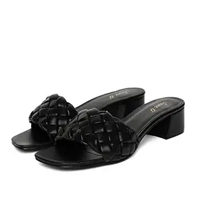 SaintG Womens Black Leather Woven Mid Heel Flats Open Toe, 6UK/39EU