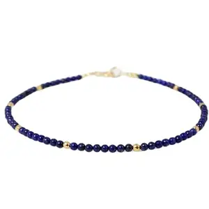 LKBEADS Gold Plated Bracelet with Blue Smooth Lapis Lazuli Beads – Round 2-2.5mm – 7 inch Adjustable – For Men & Women|LK_STACK_04299