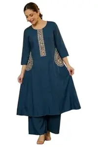 ANNI Designer Women Viscose A-Line Embroidered Kurta Palazzo Set | Round Neck | 3/4 Sleeve | Ethnic Co-Ord Outfit for Ladies