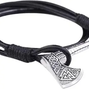 Bling Queen Men's Silver Plated Multi Layered Axe Leather Rope Bracelet