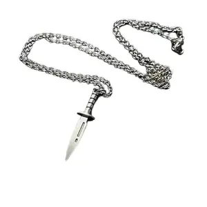 Bling Queen Unisex Silver Plated Dagger Knife Pendant Necklace With Cable Chain