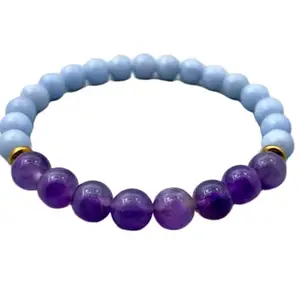 RRJEWELZ Natural Angelite & Amethyst 8mm Round Shape Smooth Cut Beads 8 Inch Stretchable Bracelet For Men & Women. Unisex Bracelet For Healing, Meditation, Prosperity, Gift & Luck|STBR_RR_10633_8.0