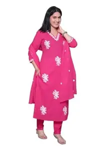 Cotton Embroidered Kurti Set with Pant and Dupatta, Traditional Indian Ethnic Wear, 3 Piece Suit