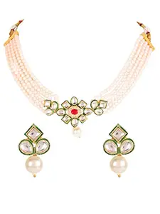 JAZZ AND SIZZLE Jewellery Set for Women Gold-Plated Green Kundan Studded Pearl Beaded Choker Necklace Set with Earrings for Girls and Women - Set of 1