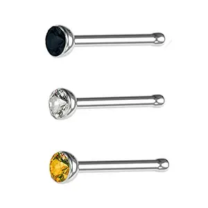 Via Mazzini 316L Stainless Steel No-Tarnish No-Rusting Crystal 2.5mm Nose Pin Stud Set of 3 for Women and Girls (NR05021)