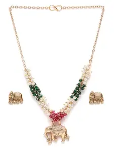 Griiham Gold Finish Designer elephant Red crystal Necklace Set