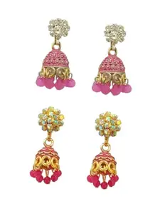 9blings Set Of 2 Gold Silver Plated Zirconia Studded Beads Jhumka Earrings|Pink Red Traditional Jhumka For Women and Girls|Combo Set For Girls