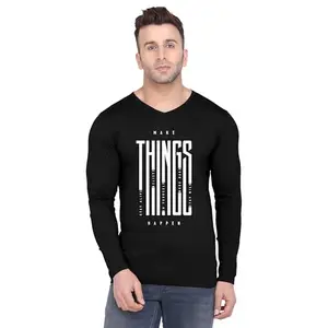 Men’s Cotton| Full Sleeve | V-Neck | T-Shirt | Make Things Happen Graphic Print | Stylish Casual Wear Tee | Original Way Design | Printed T Shirt | FSVB-4239-L Black