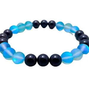 RRJEWELZ Natural Black Onyx & Blue Aura Quartz 8mm Round Shape Smooth Cut Beads 7.5 Inch Stretchable Bracelet For Men & Women. Unisex Bracelet For Healing, Meditation, Prosperity & Luck|STBR_RR_10695_7.5