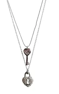 Layered Heart Pendant Necklace for Women, Double Chain with CZ Stones, Silver