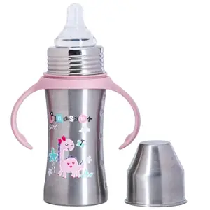 Adore Advance Magnus Printed Stainless Steel Feeding Bottle with Food Grade Anti Colic Silicone Teat & Detachable Twin Handle -250 ml (Girl Dino)