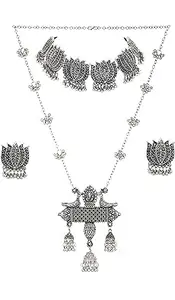 PUJVI Fashions Oxidised Long Pendant with LOtus Choker Necklace set for girls or womens