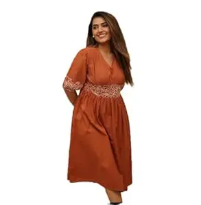 Women's Midi Dress, Red Floral Print, Puff Sleeves, A-Line Fit and Flare Style