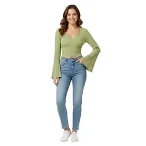 H&Y VENTURE Women’s V-Neck Notched Ribbed Crop Top | Stretchable Polyester Long Flared Sleeve Blouse | Trendy Slim Fit Casual Top for Girls