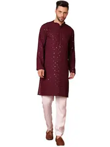 Jompers Men's Purple Embroidered and Sequence Kurta with Pyjama (Purple, M)