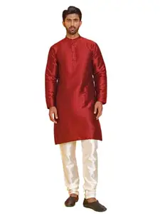 Jompers Solid Silk Kurta with Pyjamas (Maroon, M)