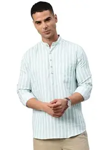 Majestic Man Men's Pure Cotton Striped Mandarin Collar Slim Fit Roll-Up Sleeves Short Kurta