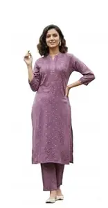Garmentsz Women Mauve Embroidered Kurta with Pant Set Ethnic Wear