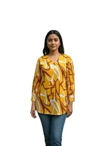 Women's Abstract Print V-Neck Blouse, Long Sleeve Tunic Top, Black Grey Orange Green Pattern, Casual Office Wear