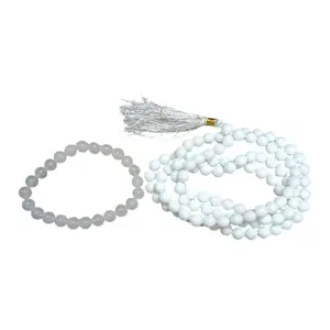Combo White Agate Mala And White Agate Bracelet | Safed Hakik Bracelet | Lab Certified