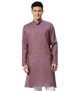 Majestic Man Men's Cotton Regular Fit Traditional Mandarin Collar Ethnic Motifs Solid Long Kurta