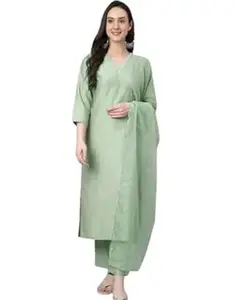Fashleeva Women Lavender Silk Blend Kurti with Pant & Matching Dupatta with Embroidered Print Outfit for Minimal Stylish Casual