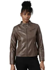 SHOWOFF Women's Long Sleeves Solid Mock Collar Brown Biker Jacket-TA-06_Brown_XXL