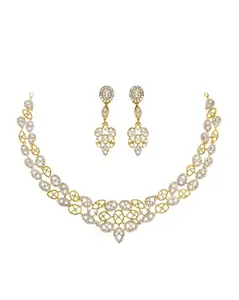 Zevarly gold silver tone white American Diamond studded Necklace with Earrings set for women and girls