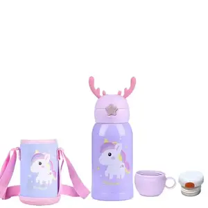 JOYFILLS Kids Water Bottle – 2 in 1 Sipper & Vacuum Cup Flask Bottle with Insulated Bag, Handle – Sipper for Kids, School, Play - Hot & Cold Waterbottle, Stainless Steel 316. Purple- 550 ml