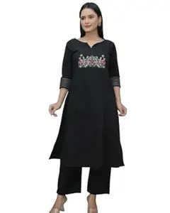 RAJEE TRENDS Women's Cotton Embroidered Straight Kurti with Pant Set