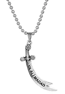 Unisex Silver Color Fancy & Stylish Trending Stainless Steel Muslim God Sword Zulfikar/Zulfiqar Shia Imam Ya Ali Madad Allah Quran Islamic Locket Pendant Necklace With Ball Chain