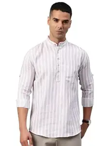 Majestic Man Men's Pure Cotton Striped Mandarin Collar Slim Fit Roll-Up Sleeves Short Kurta