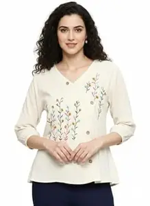 Hitarth Fashion Women Off-White Floral Embroidered Casual Top with 3/4 Sleeves Khadi Cotton