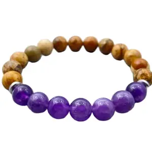 LKBEADS Picture Jasper & Amethyst Bracelet, Beaded Bracelet Gift for Her - Natural Stone Jewelry, Unique Bohemian Accessory, Earthy Charm|8mm Round|Smooth|Brown & Purple|SRC_LI_000022