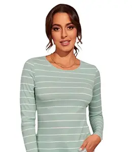 Dream Beauty Fashion Women's Full Sleeve Round Neck Printed Fitted Tee - 23" Inches (Jiya-Top Mint Green-XL)