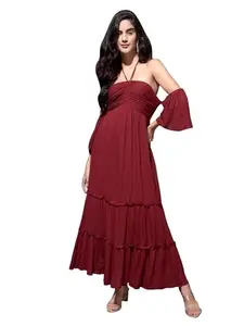 DRAPE AND DAZZLE Halter Neck Long Dress with Tier and Rusing at Bust| Latest Stylish Dress Dress for Women | Maroon_DD-080-MEHROON-S