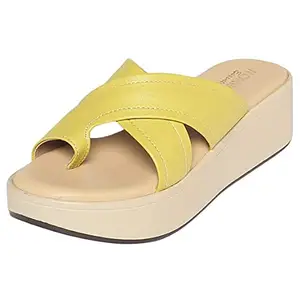 MONROW Theresa Leather Wedge Heels for Women & Girls | Fancy & Stylish Heel sandals |Extra Cushioning & Comfortable, Fashionable, Light Weight, Vegan, Fashion Heel Sandal for Girls, Yellow, 8UK