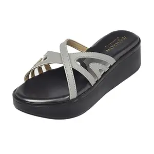 MONROW Pari Leather Wedge Heels for Women, Grey, UK-4 | Fancy & Stylish Heel sandals, Casual, Comfortable Fashion Heel Sandal