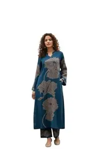 Maa Fashion Women Rayon Slub Digital Print Kurti with Palazzo Set, Full Sleeve Kurta with Lace Neck Design, Ethnic Wear