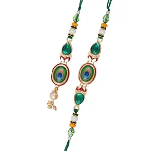 Ingo creation Set of 1 Rakhi For Brother and Bhabhi Combo - Green peacock Lumba Rakhi For Bhabhi