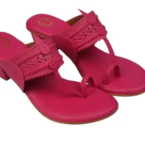 Dhaga Women's Faux Leather Kolhapuri Sandals - Comfortable Formal Block Heel Footwear for Casual, Outdoor, Party, & Weddings - Lightweight, Breathable & Stylish - Pink - Size:- 40