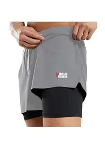 BOLD FITNESS 2 in 1 Active Dual Shorts with Inner Tights Layer | Men's Double Layer Short for Running, Gym & Sports
